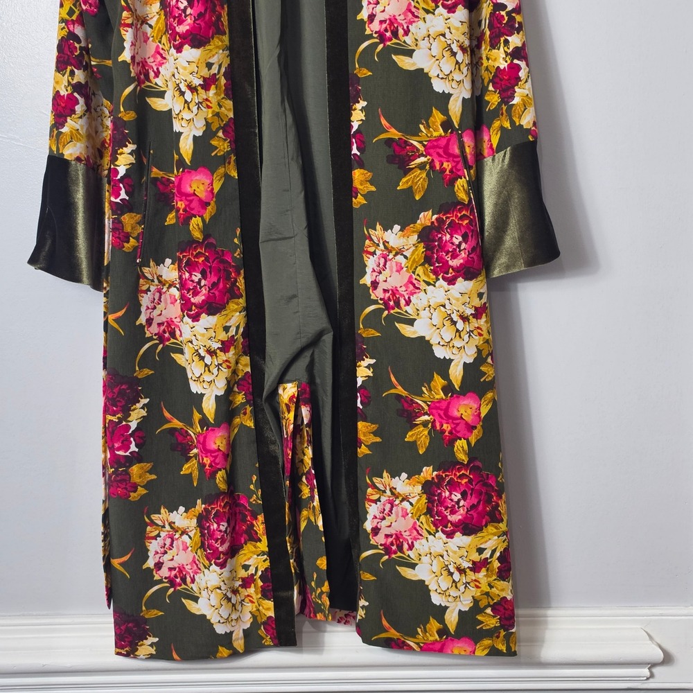 New York & Company Duster Floral Velvet Trim Longline Boho Olive Green Size M - Picture 3 of 8